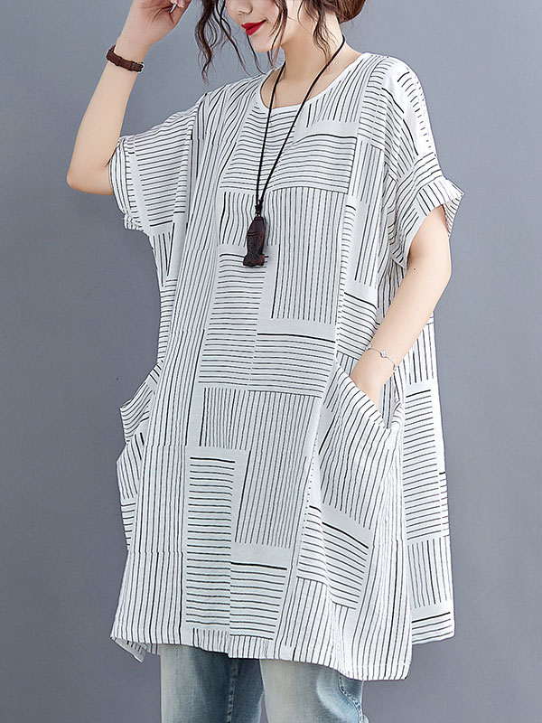Loose Short Sleeves Striped Round-Neck T-Shirts