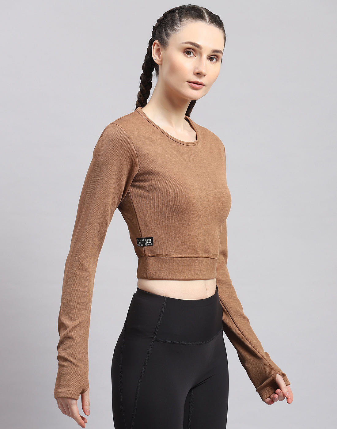 Women Brown Solid Round Neck Full Sleeve Sweatshirt