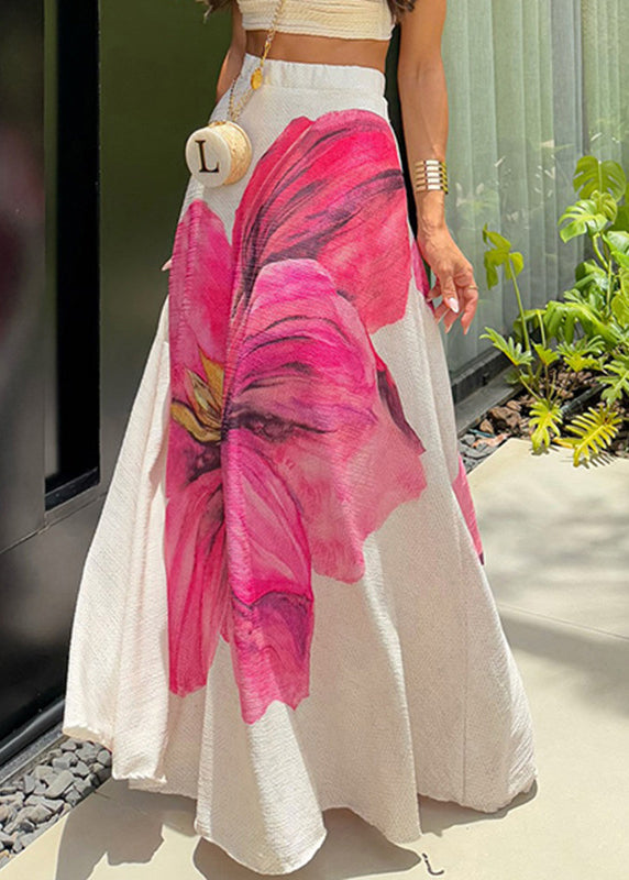 Stylish Pink Print Pockets High Waist Cotton Skirt Summer