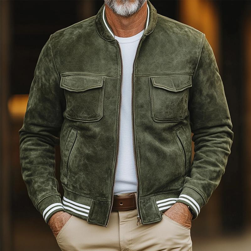 Men's Striped Trim Suede Stand Collar Multi-Pocket Zipper Casual Jacket