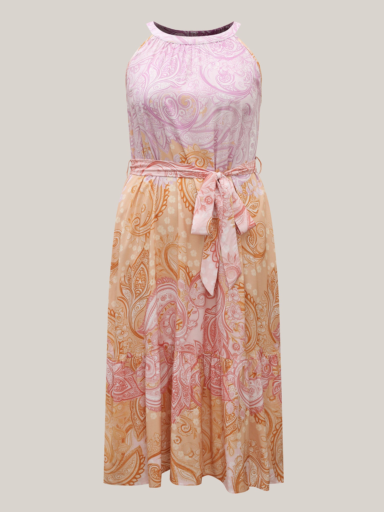 Paisley Print Belted Color Contrast Midi Dress