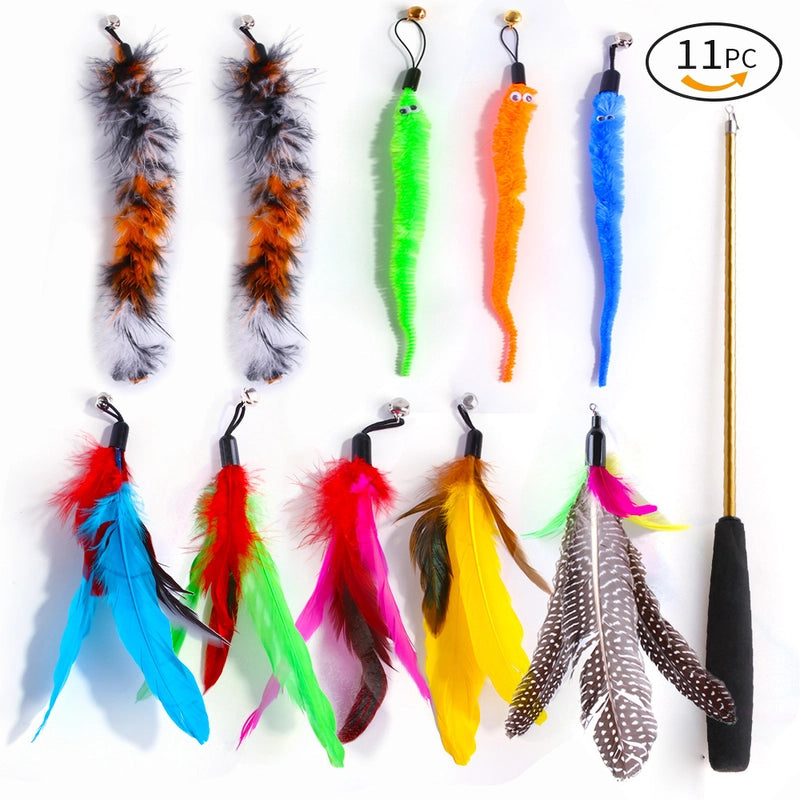 New Pet Cat Toy Telescopic Fishing Rod Feather Cat Tease Set Feather Cat Tease Rod Replacement Head Offer