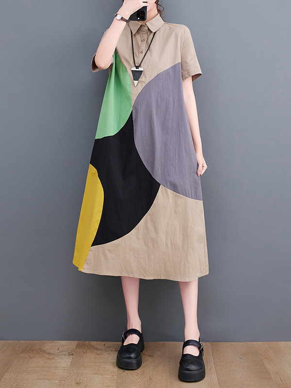 Loose Oversize Color-Block Contrast Color Split-Joint Lapel Midi Dresses Shirt Dress
