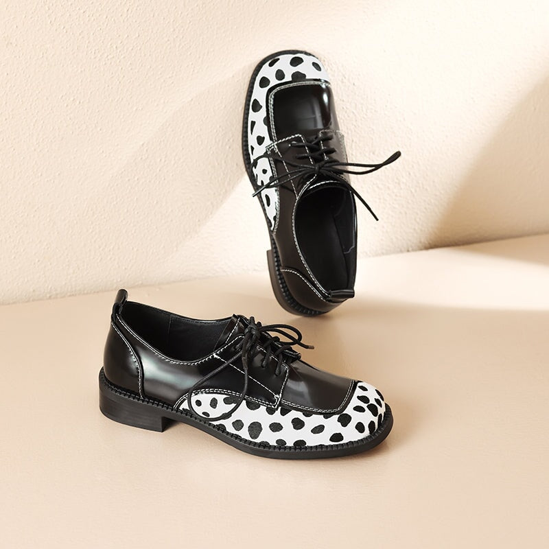 Unique Dalmatian Print Patchwork Handmade Leather Lace-Up Oxford Shoes in Black