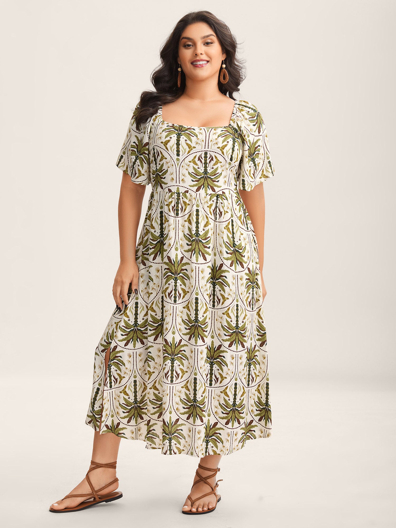 Tropical Print A-Line Slit Midi Dress