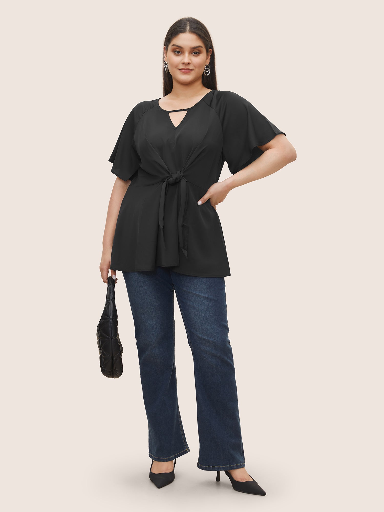 Plain Keyhole Knotted Front Ruffle Sleeve Blouse