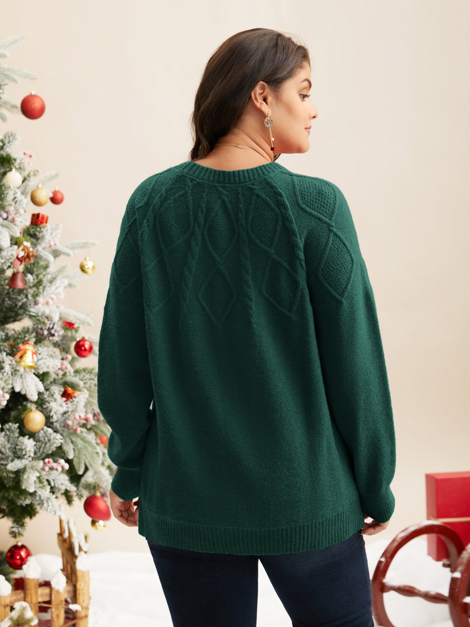 Cable Knit Bodice Crew-Neck Pullover