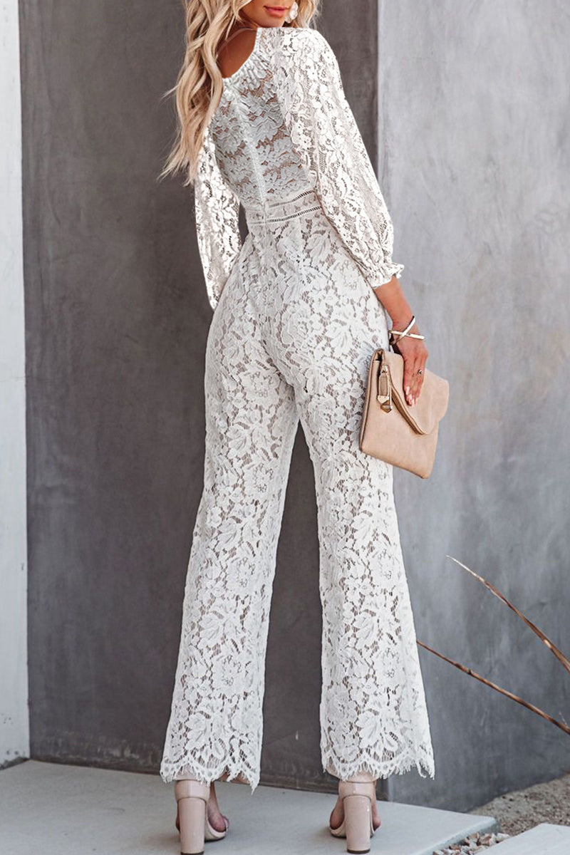 White Embroidery Lace V Neck Regular Jumpsuits