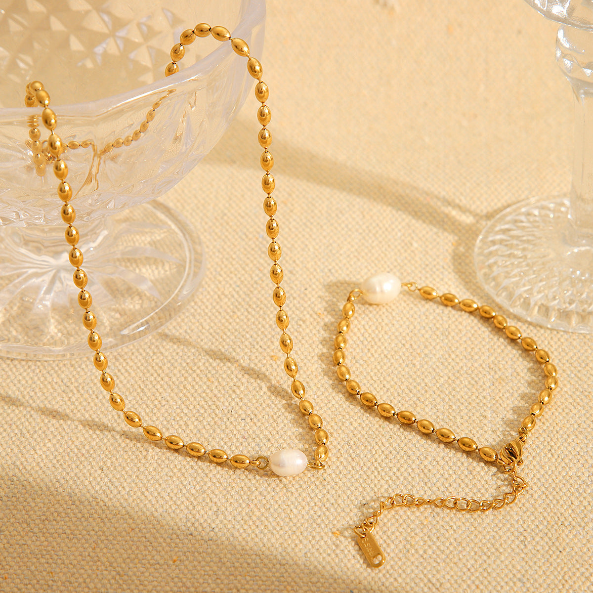 Processing And Customization Of Natural Freshwater Pearl Oval Gold Bean Necklace Stainless Steel Bracelet Titanium Steel