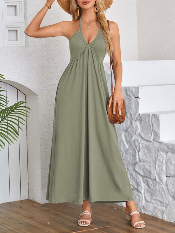 A-Line Loose Pleated Solid Color Split-Joint Deep V-Neck Maxi Dresses