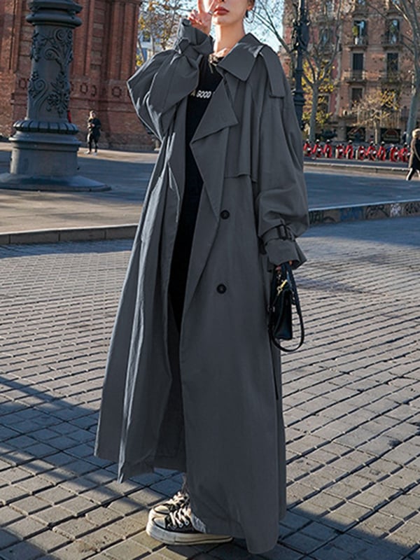 Long Sleeves Loose Buckle Buttoned Split-Back Tied Waist Lapel Outerwear Trench Coats