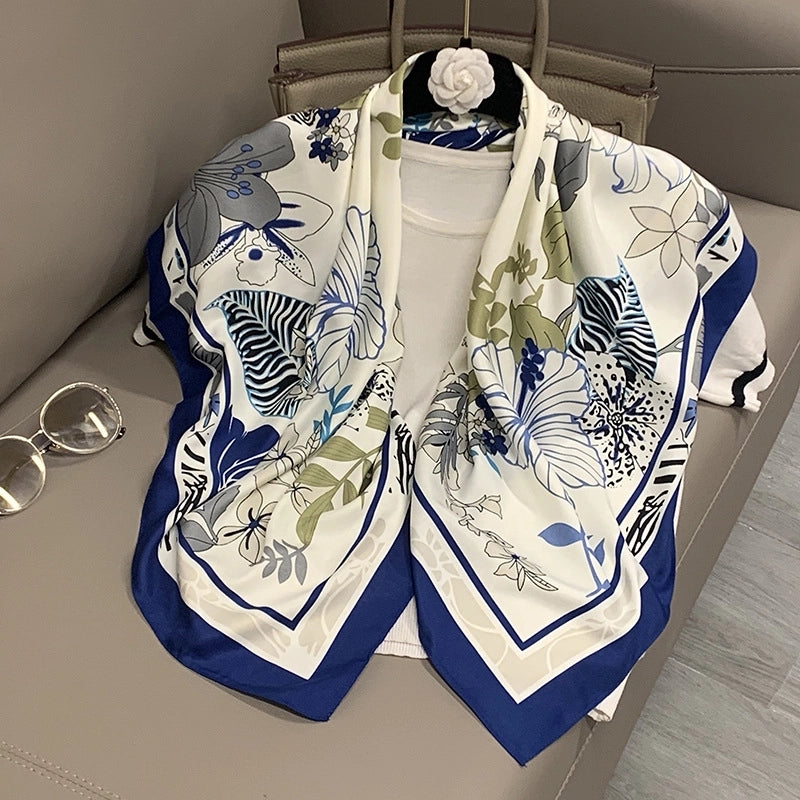 Women's IG Style Elegant Stripe Flower Chains Print Satin Printing Silk Scarf