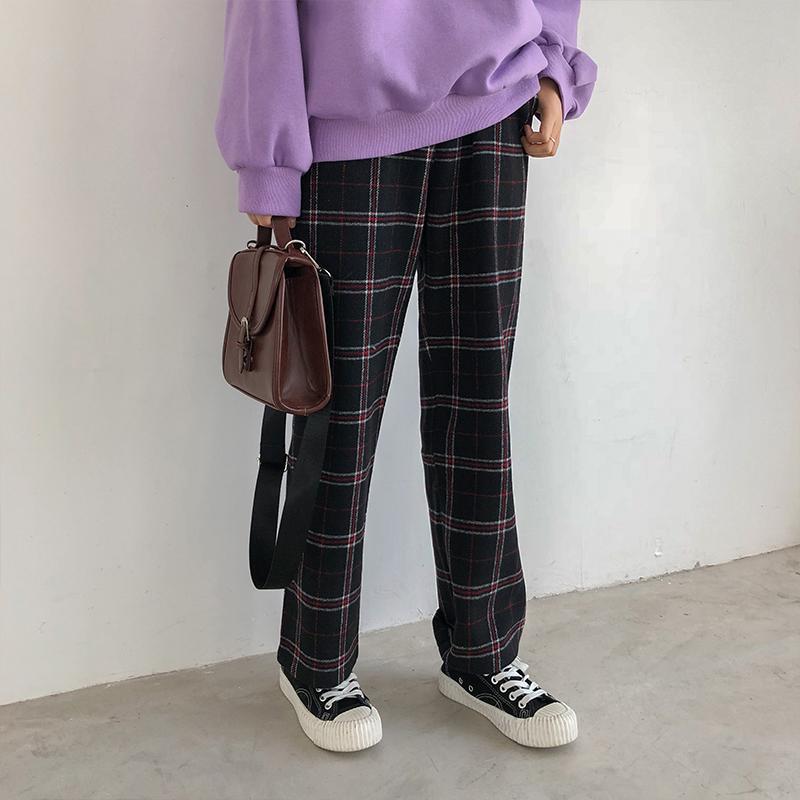 Straight Plaid Cotton Trousers