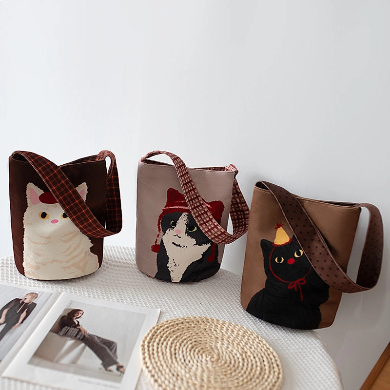 Women's Small Polyester Cat Streetwear Sewing Thread Cylindrical Hidden Buckle Handbag