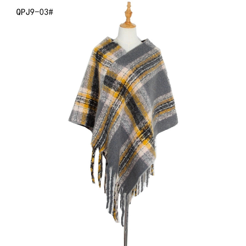 Hot Style New Autumn And Winter Women's Shawl Thick Tassel Loop Yarn Large Plaid Cloak