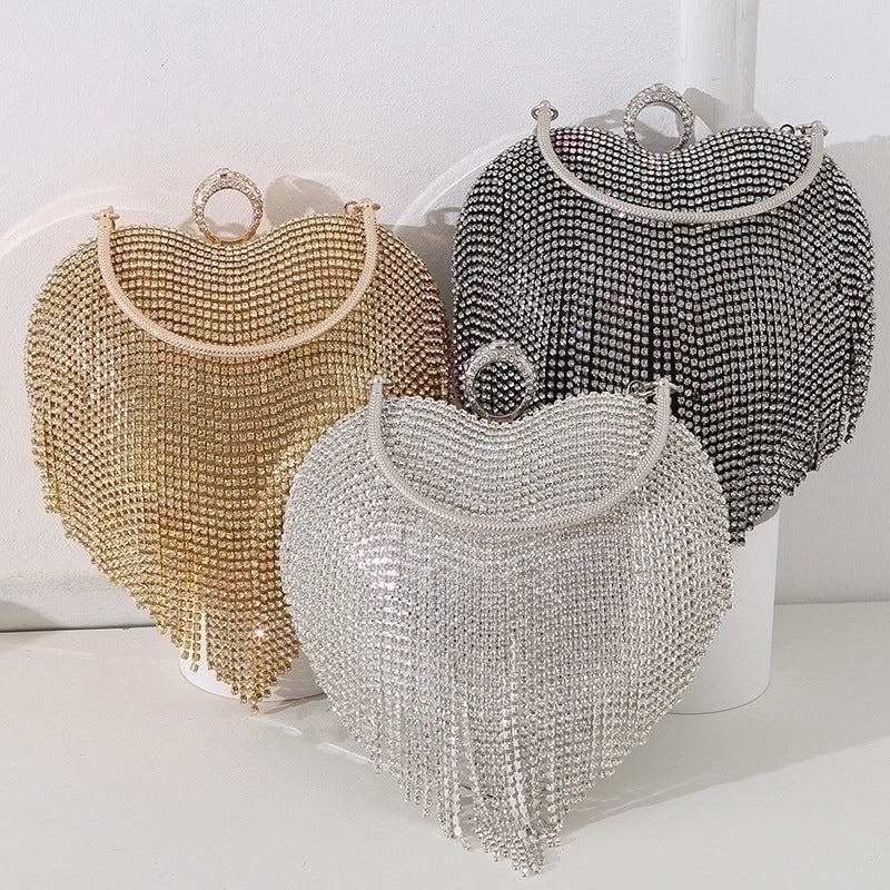 Silver Black Gold Pu Leather Heart Shape Tassel Heart-shaped Evening Bags