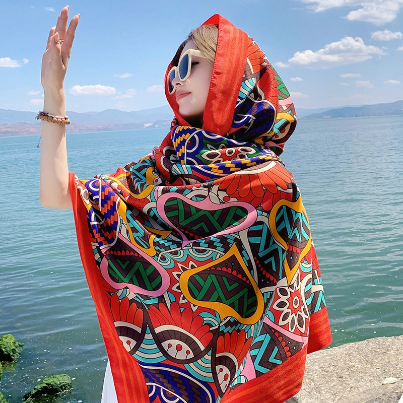 Silk Scarf Women's Summer Seaside Beach Sunscreen Shawl Scarf Dual-use  Long Ethnic Style Plus Size Travel Silk Scarf