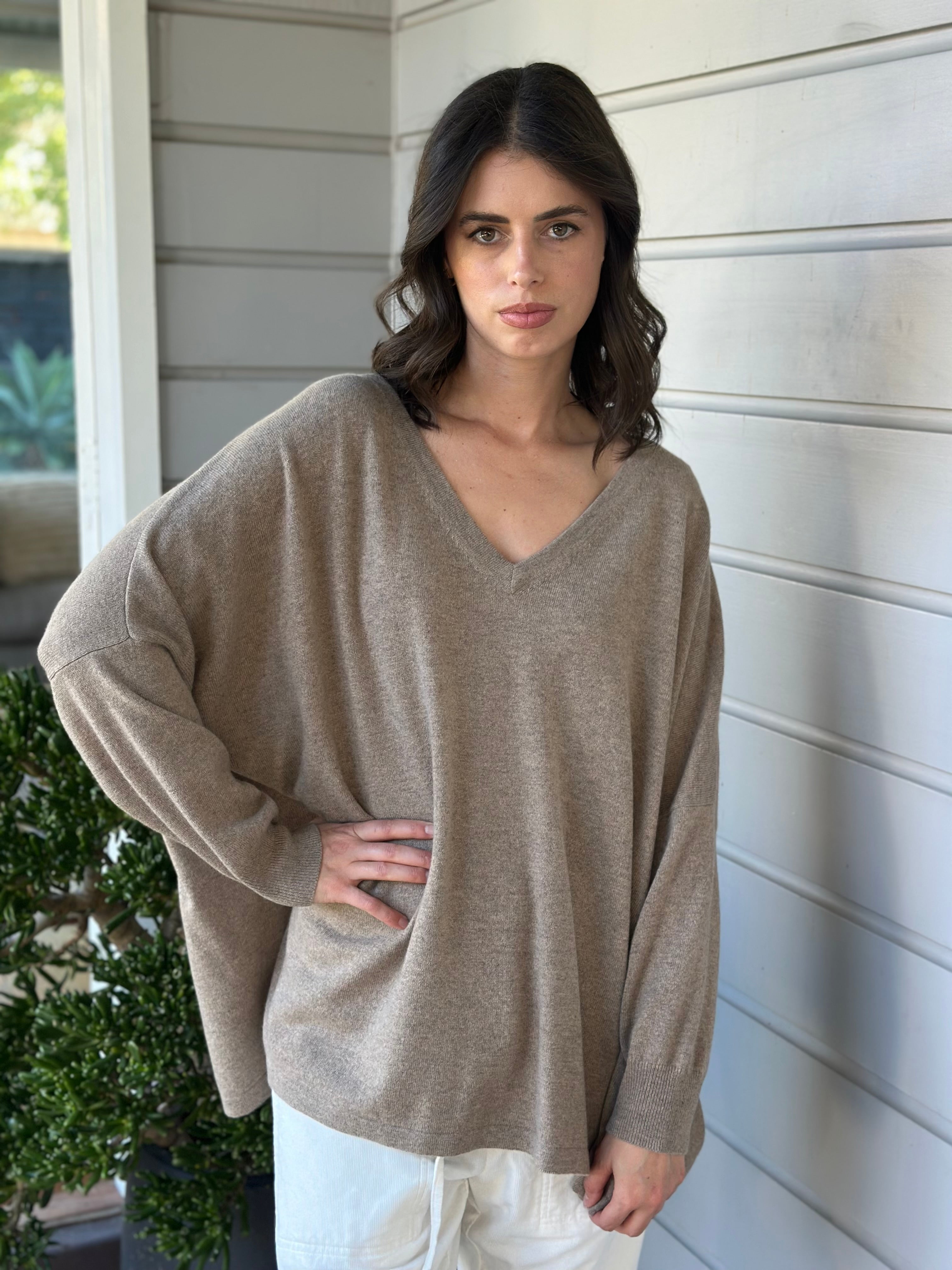 relaxed boyfriend knit- wheat cashmere