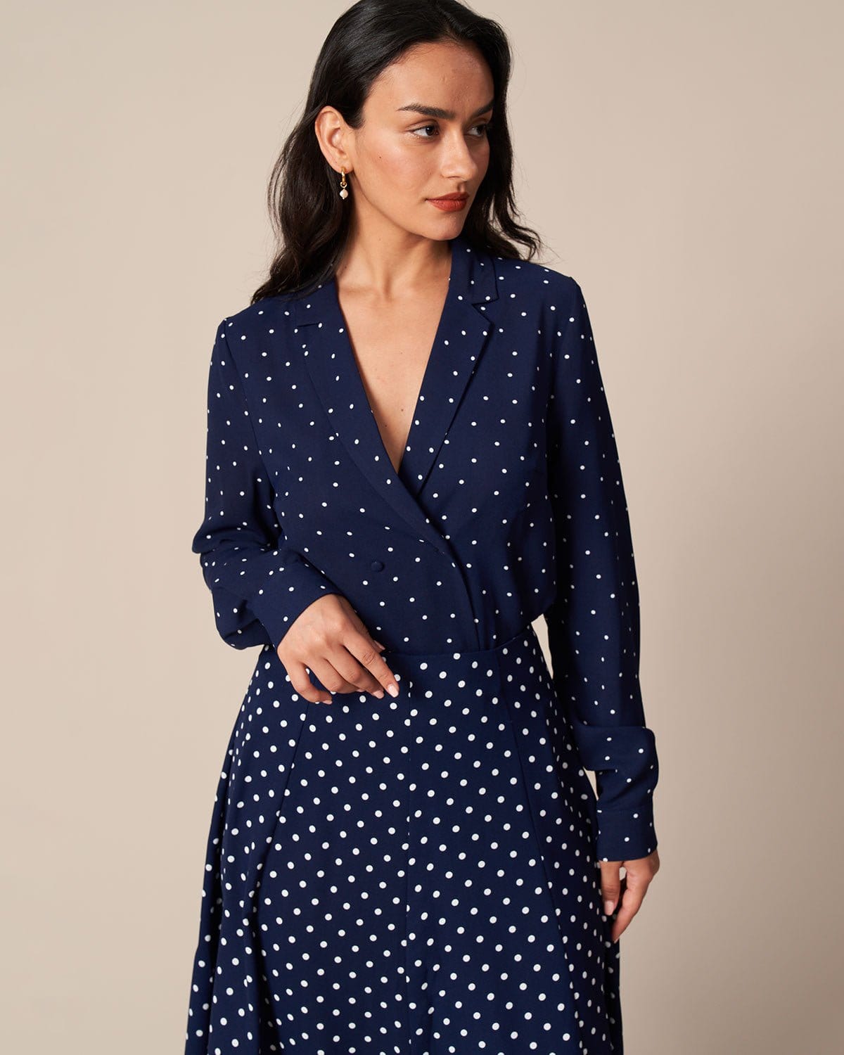 The Navy V Neck Polka Dot Button Up Shirt