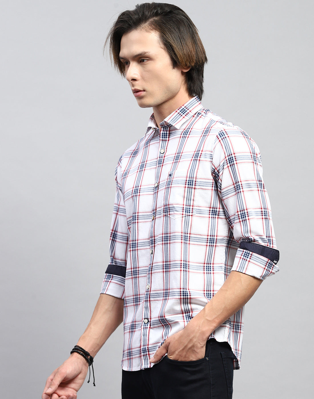 Men White Check Collar Full Sleeve Shirt