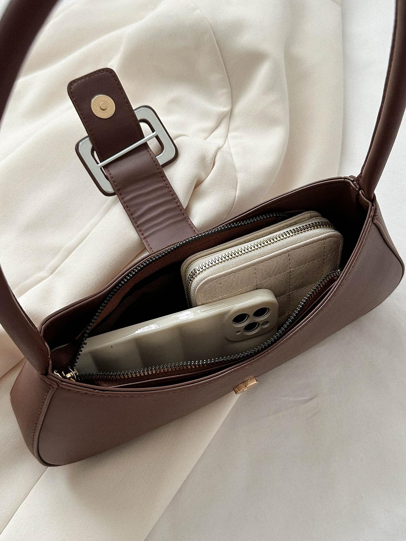 Buckle Decor Bag Solid Color Elegant Style