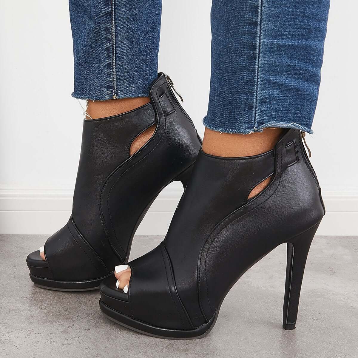 Black Peep Toe Stilettos Platform High Heel Ankle Boots