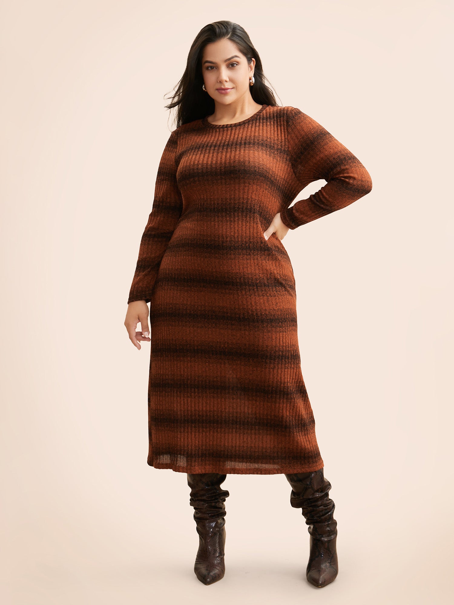 Ombre Striped Rib Knit Slim Fit Dress