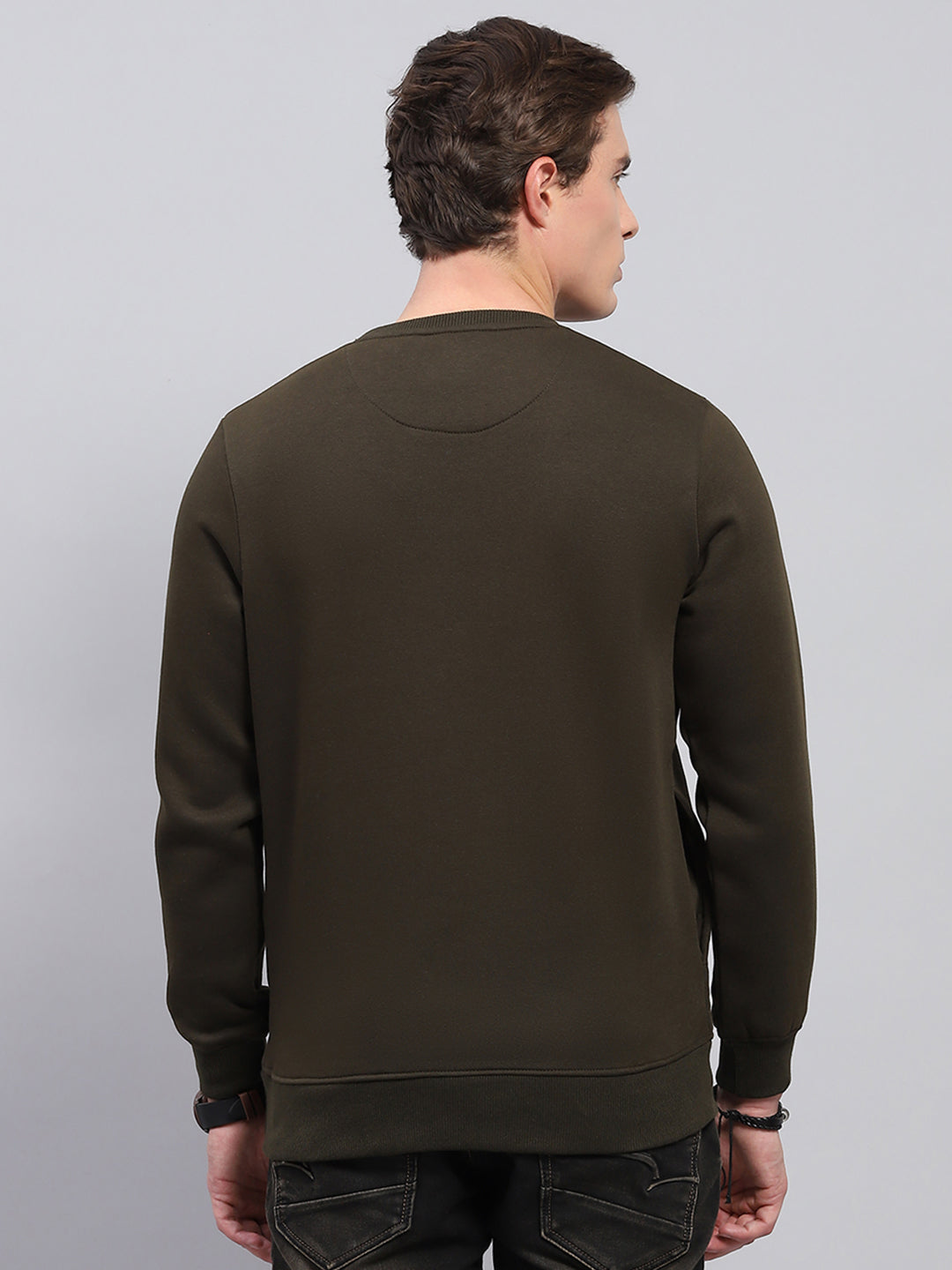 Men Olive Printed Round Neck Full Sleeve Sweatshirt