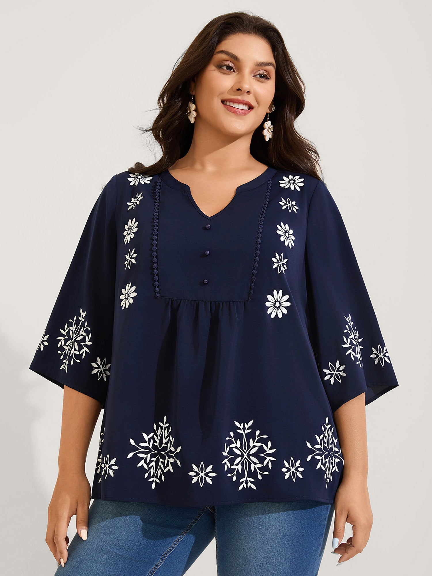 Floral Print Button Detail Solid Blouse