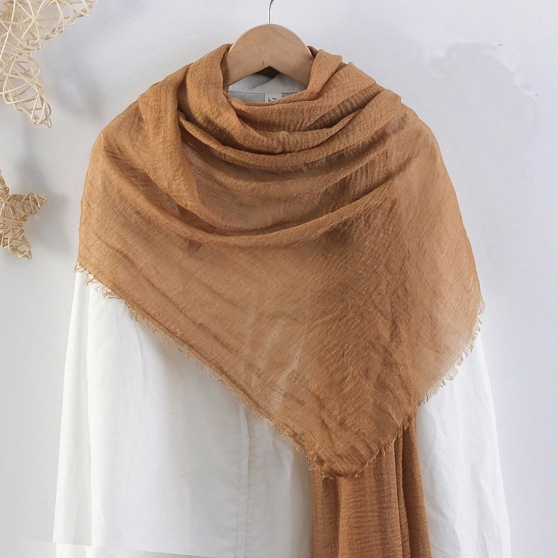 Hot Selling Solid Color Pleated Cotton And Linen Scarf Women's Bag Headscarf Crumpled Hair Fringe Bubble Scarf Women's Scarf Cover Head