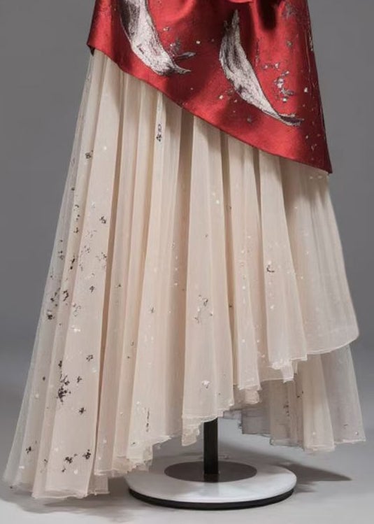 Unique Red Lace Up High Waist Patchwork Chiffon Skirt Summer