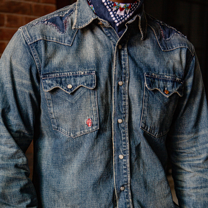 American Western Denim Stitching Washed Distressed Casual Shirt