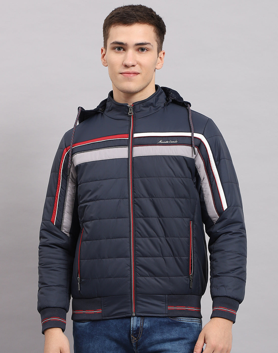 Men Navy Blue Solid Hooded Full Sleeve Jacket