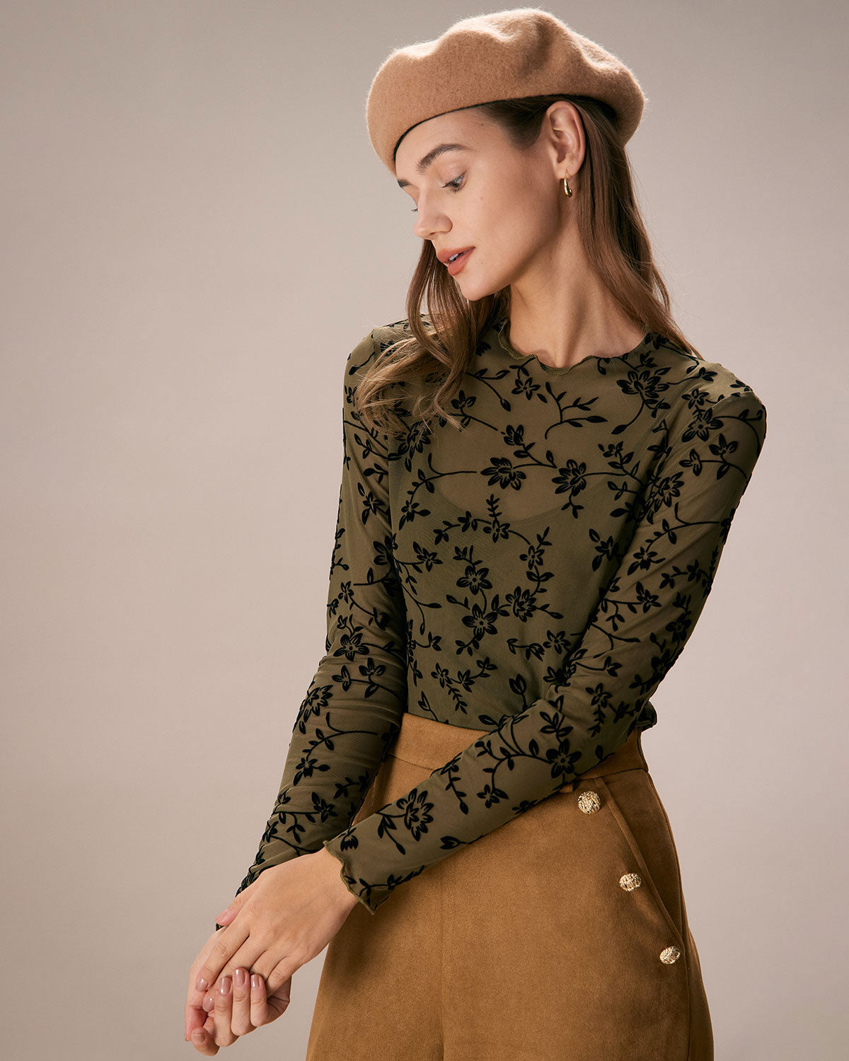 The Army Green Mesh Floral Blouse & Cami Top