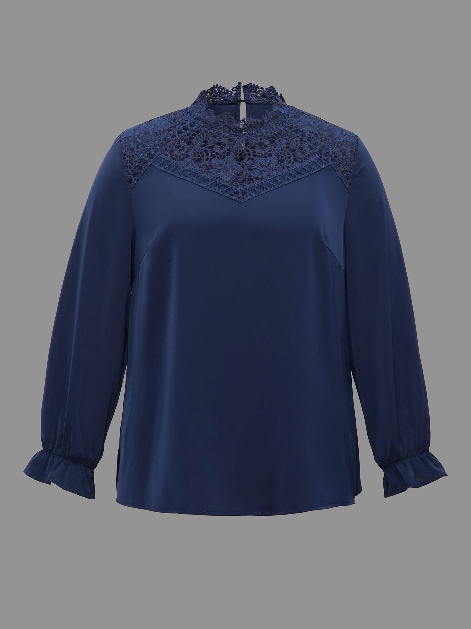 Lace Cut-Out Sheer Stand Collar Blouse