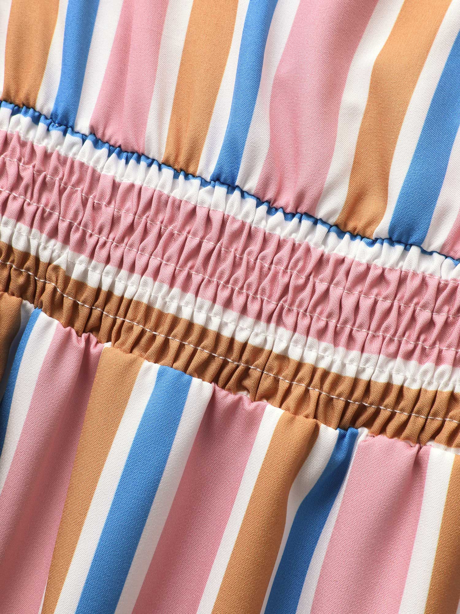 Contrast Striped Shirred Ruffle Hem Midi Dress