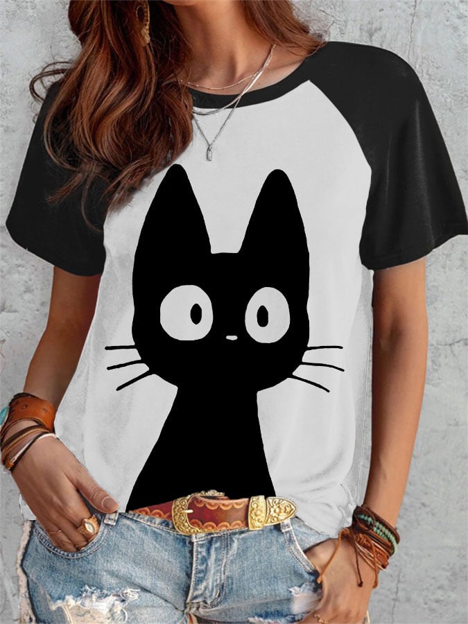 Women's Black Cat Raglan Sleeve Crew Neck T-Shirt