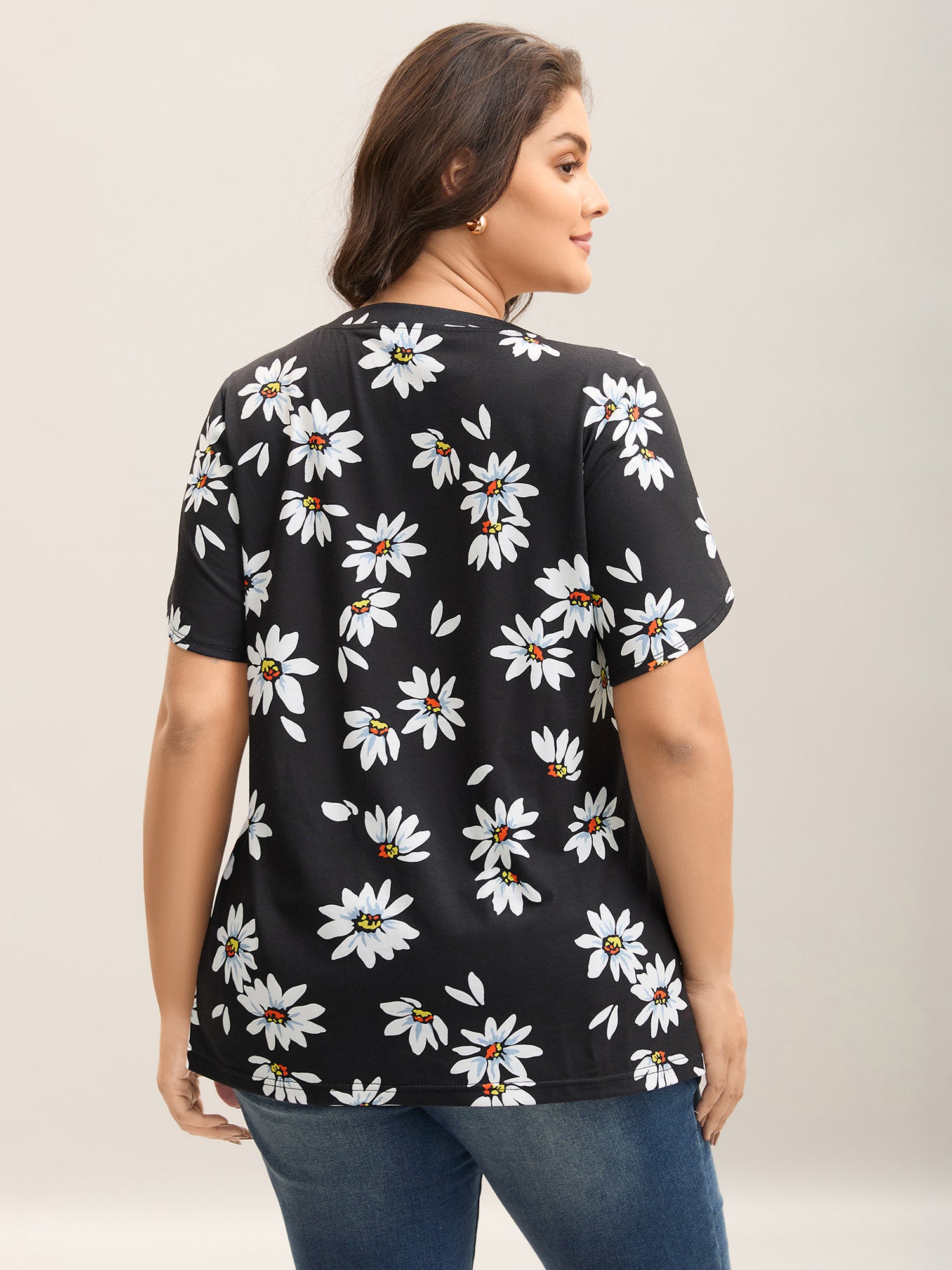 Floral Print Petal Sleeve Plain Knit Top