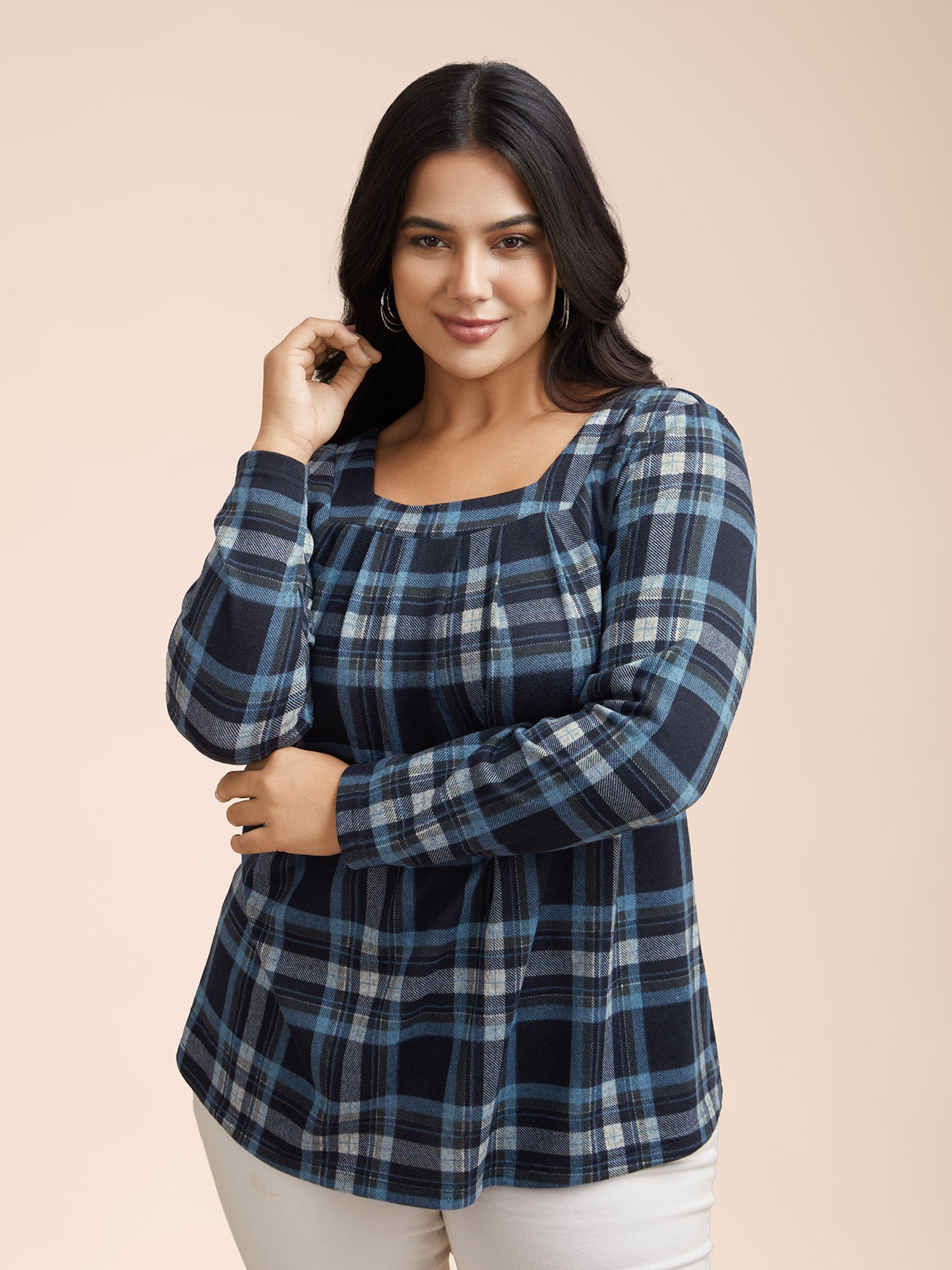 Plaid Pleated Square Neckline Knit Top
