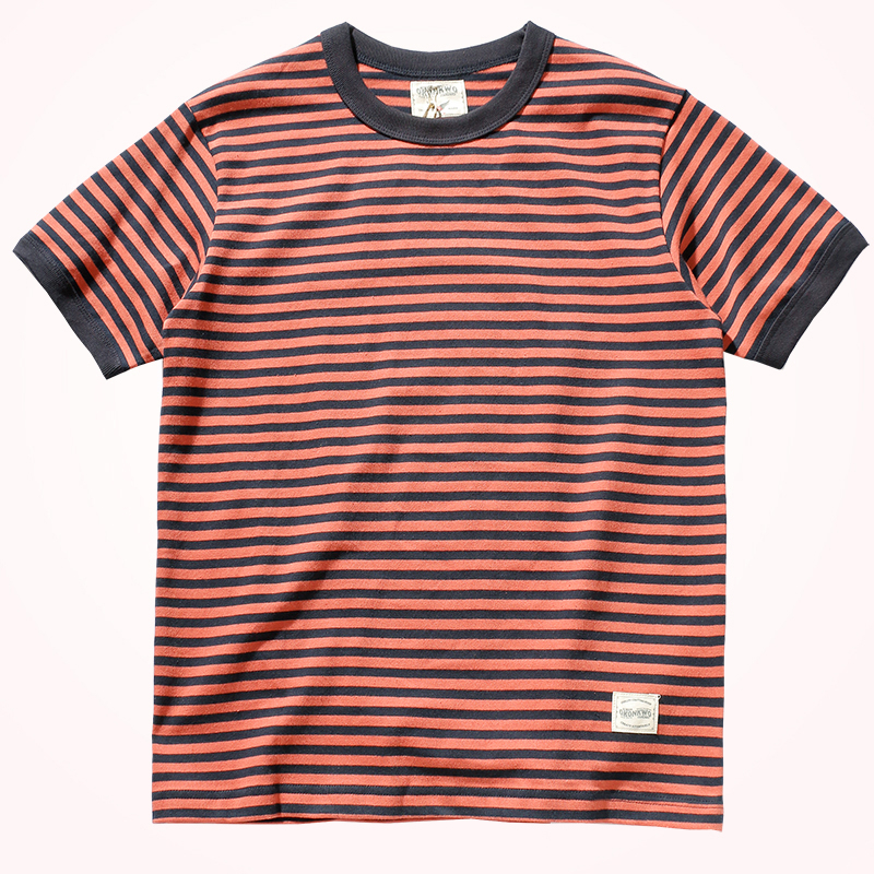 Vintage Double Yarn Pure Cotton Round Neck Striped Short-Sleeved T-Shirt