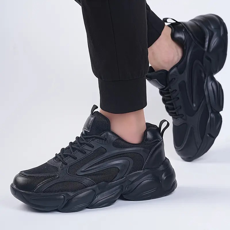 2025 New Men's Chunky Platform Sneakers - Black EVA & Fabric Low-Top Casual Shoes with Lace-Up Closure, Breathable Comfort for Running, Daily Wear & Street Style