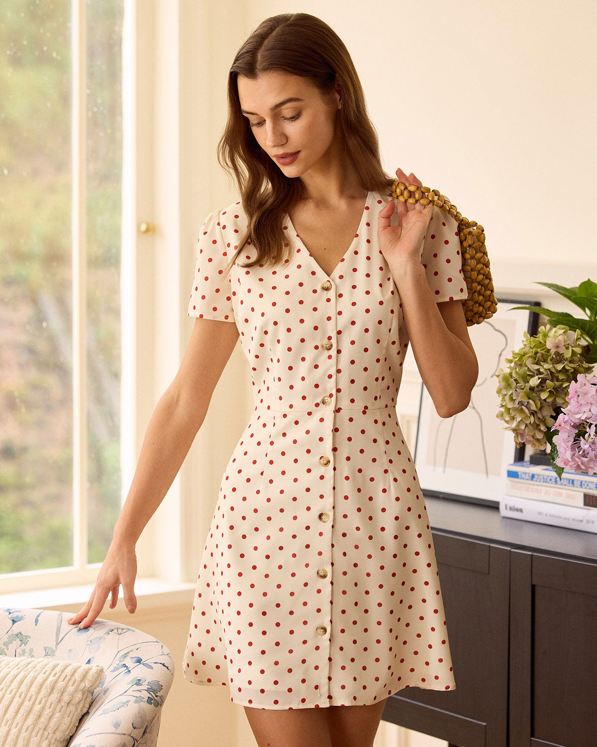 The Beige Polka Dot Button Mini Dress