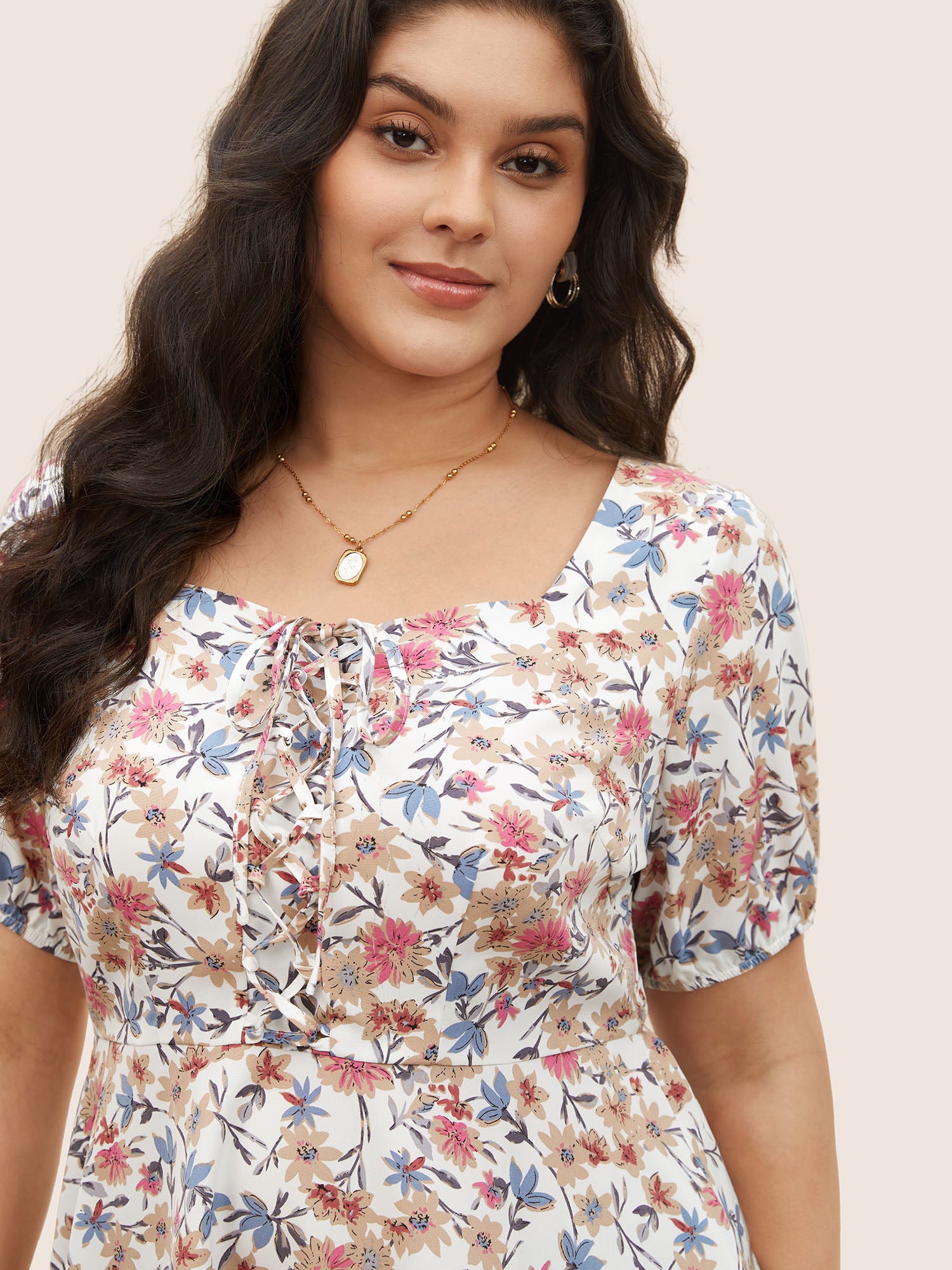 Floral Lace Up Gathered Lantern Sleeve Blouse