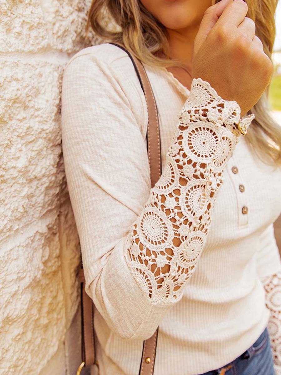 Round Neck Stitching Lace Long Sleeve T-Shirt(14 colors)