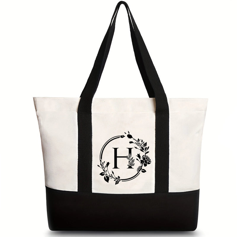 Women's Medium Canvas Letter Flower Classic Style Square Zipper Shoulder Bag