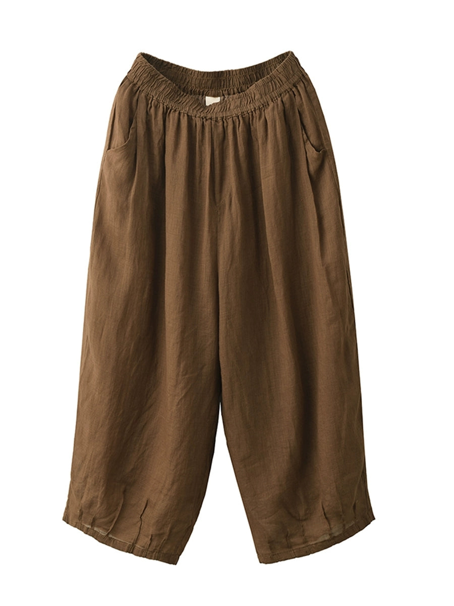 Women Summer Retro Pure Color 100%Ramie Bloomers