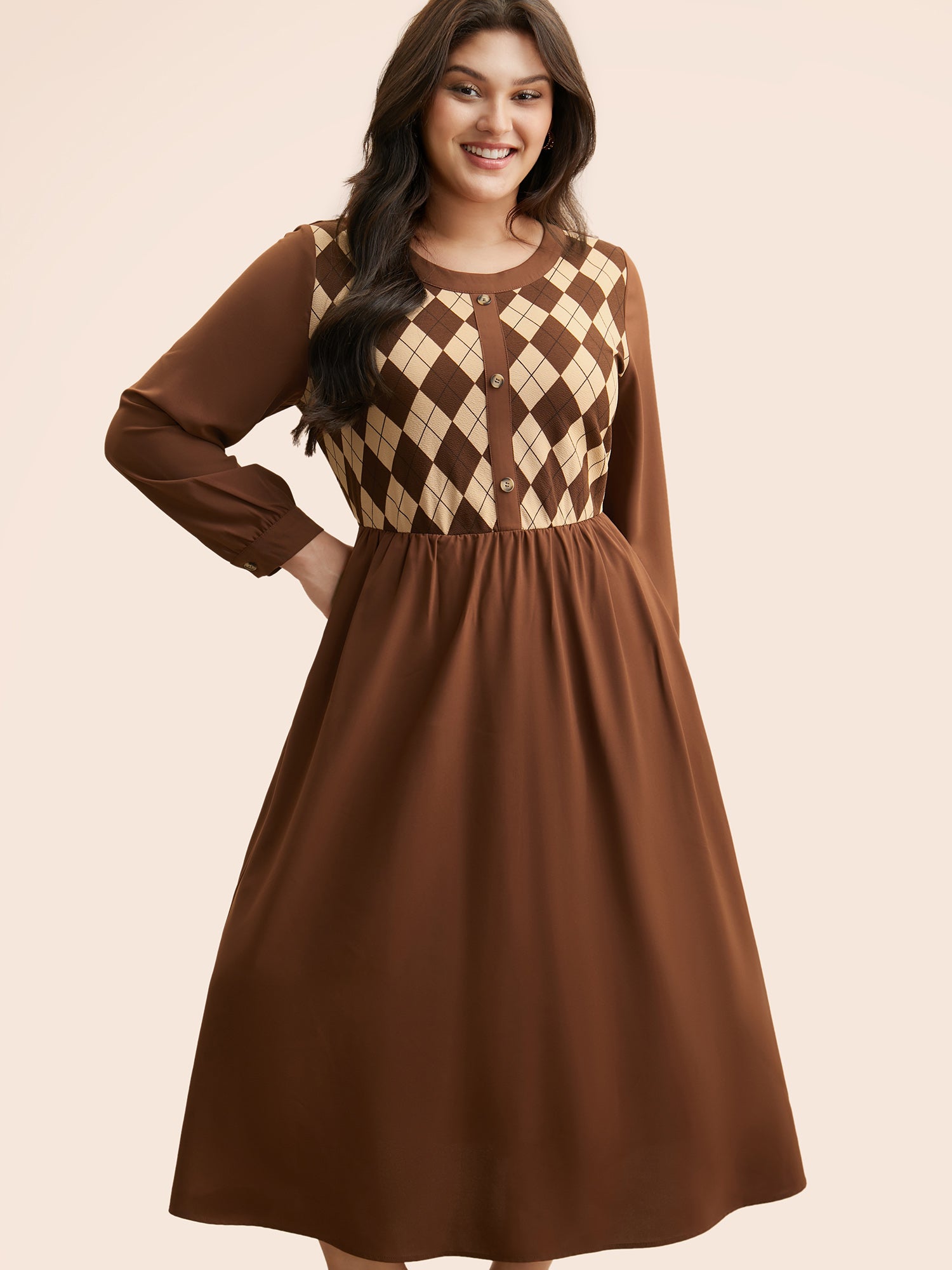 Geometric Crew Neck Button Detail Dress
