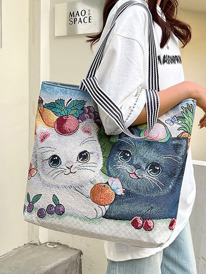 Women's Fashion Ethnic Cat Embroidery Canvas Shoulder Bag