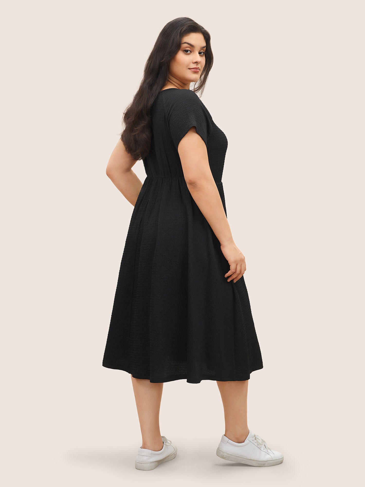 Boat Neck Raglan Sleeve Button Detail Dress