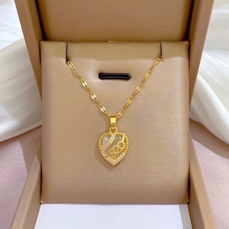 2 Pieces Minimalist Classic Style Geometric Heart Shape Titanium Steel Copper Zircon Pendant Necklace In Bulk